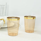 25 - Pack Plastic Tumbler Cups Transparent Amber Gold with Gold Rim - Stylish Disposable Party Glasses 10oz - Bell Racket Store