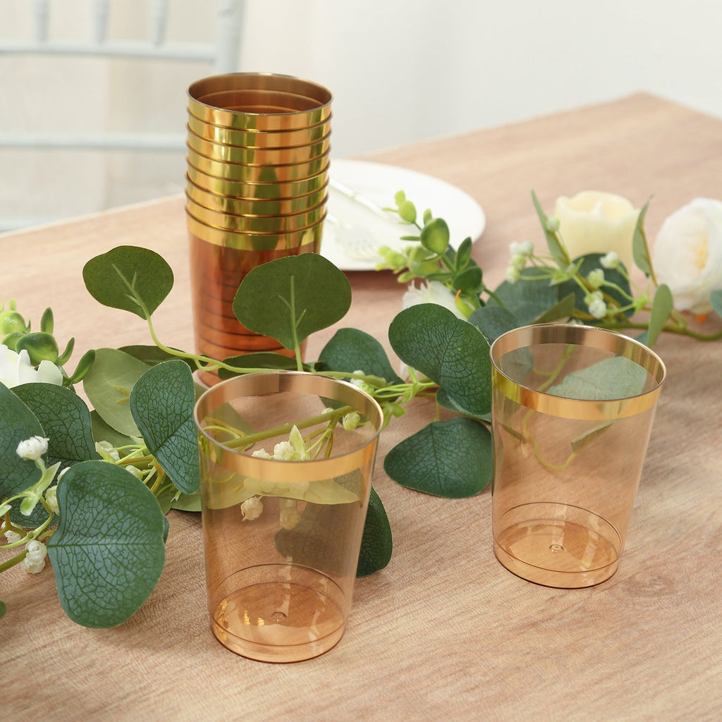 25 - Pack Plastic Tumbler Cups Transparent Amber Gold with Gold Rim - Stylish Disposable Party Glasses 10oz - Bell Racket Store