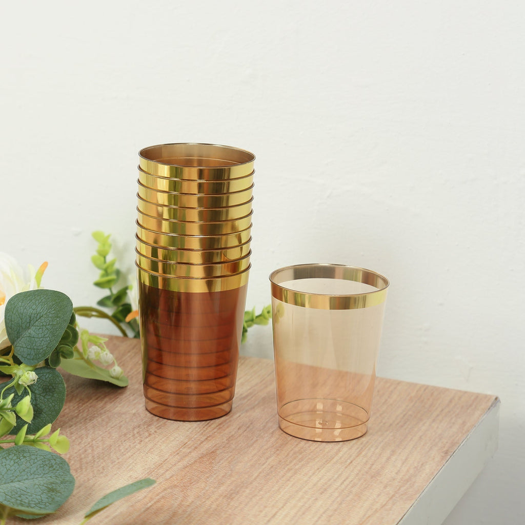 25 - Pack Plastic Tumbler Cups Transparent Amber Gold with Gold Rim - Stylish Disposable Party Glasses 10oz - Bell Racket Store
