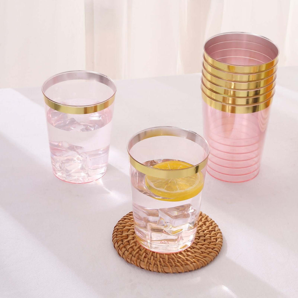 25 - Pack Plastic Tumbler Cups Transparent Blush with Gold Rim - Stylish Disposable Party Glasses 10oz - Bell Racket Store