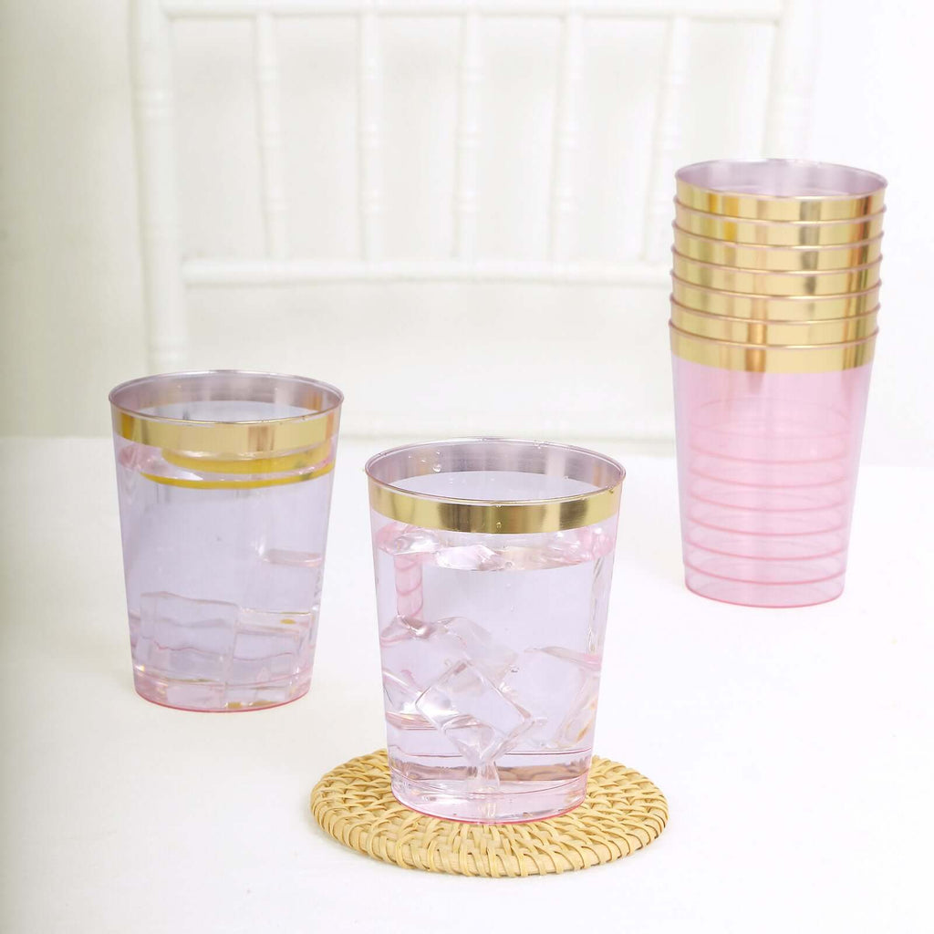 25 - Pack Plastic Tumbler Cups Transparent Blush with Gold Rim - Stylish Disposable Party Glasses 10oz - Bell Racket Store