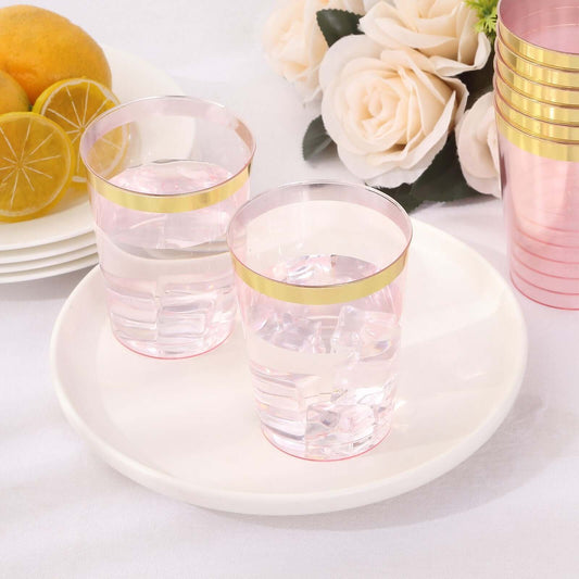 25 - Pack Plastic Tumbler Cups Transparent Blush with Gold Rim - Stylish Disposable Party Glasses 10oz - Bell Racket Store