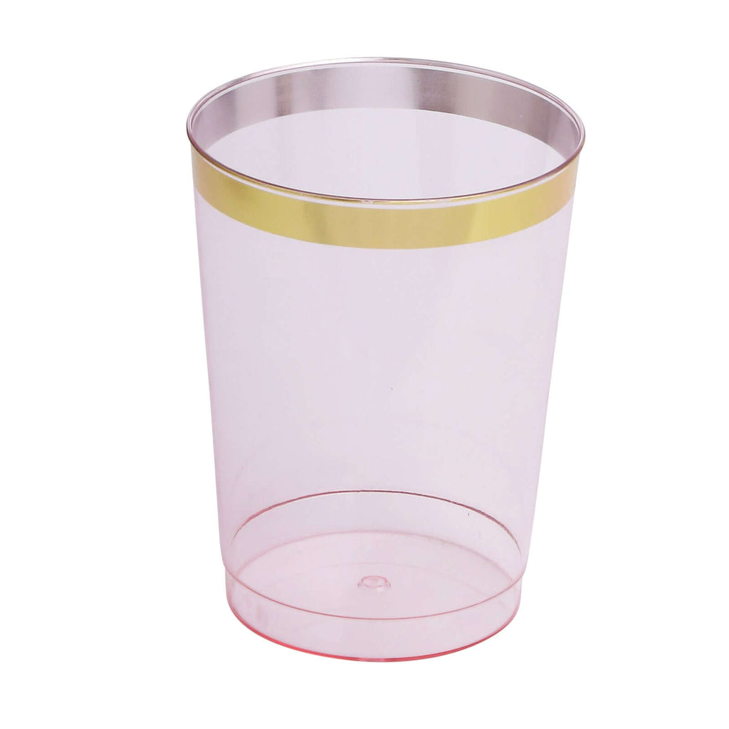 25 - Pack Plastic Tumbler Cups Transparent Blush with Gold Rim - Stylish Disposable Party Glasses 10oz - Bell Racket Store