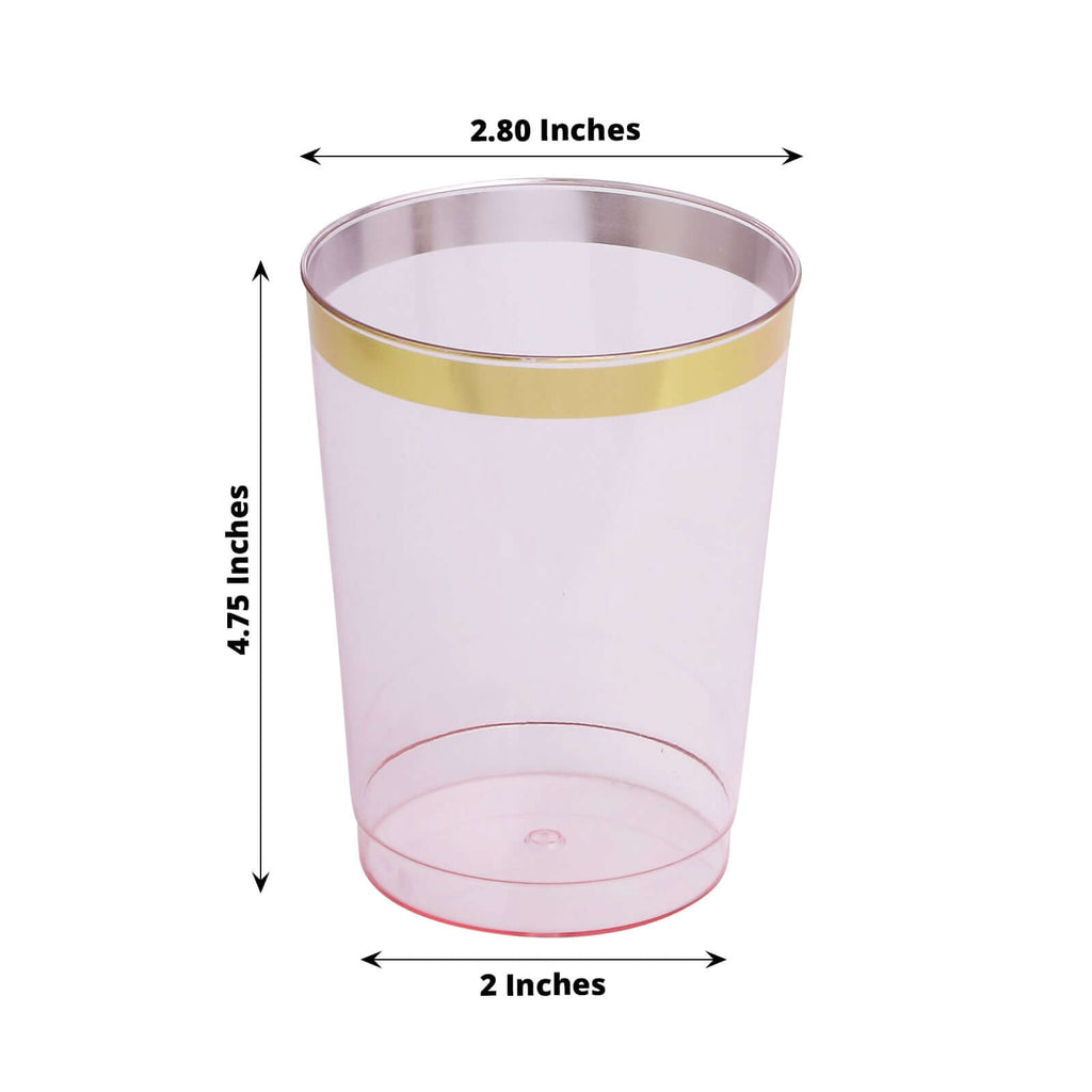 25 - Pack Plastic Tumbler Cups Transparent Blush with Gold Rim - Stylish Disposable Party Glasses 10oz - Bell Racket Store