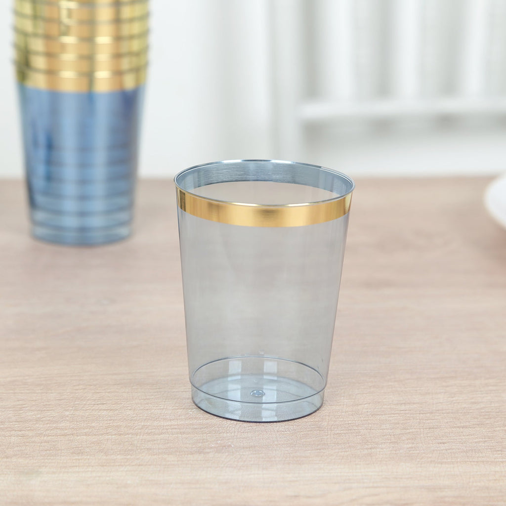 25 - Pack Plastic Tumbler Cups Transparent Dusty Blue with Gold Rim - Stylish Disposable Party Glasses 10oz - Bell Racket Store