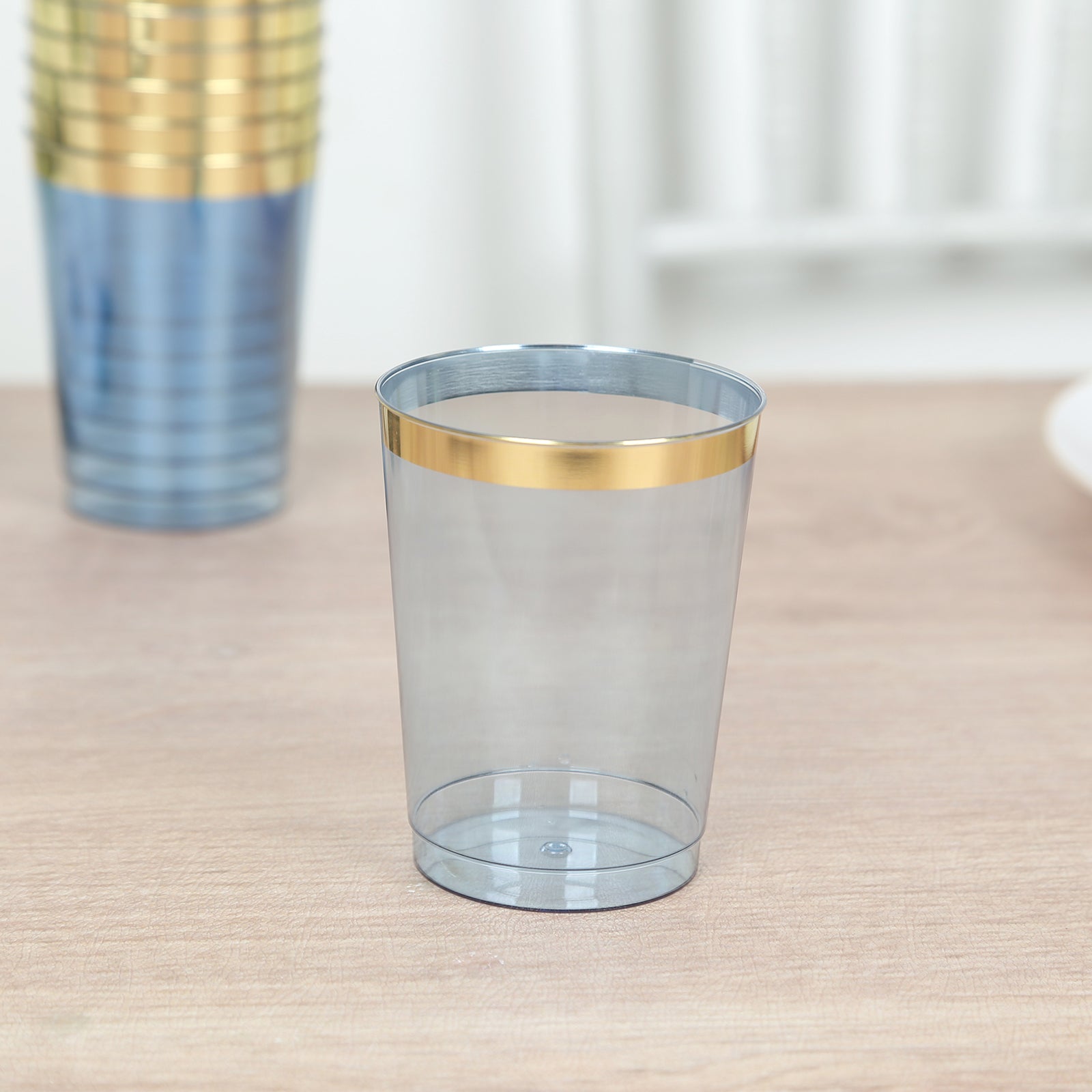 25 - Pack Plastic Tumbler Cups Transparent Dusty Blue with Gold Rim - Stylish Disposable Party Glasses 10oz - Bell Racket Store
