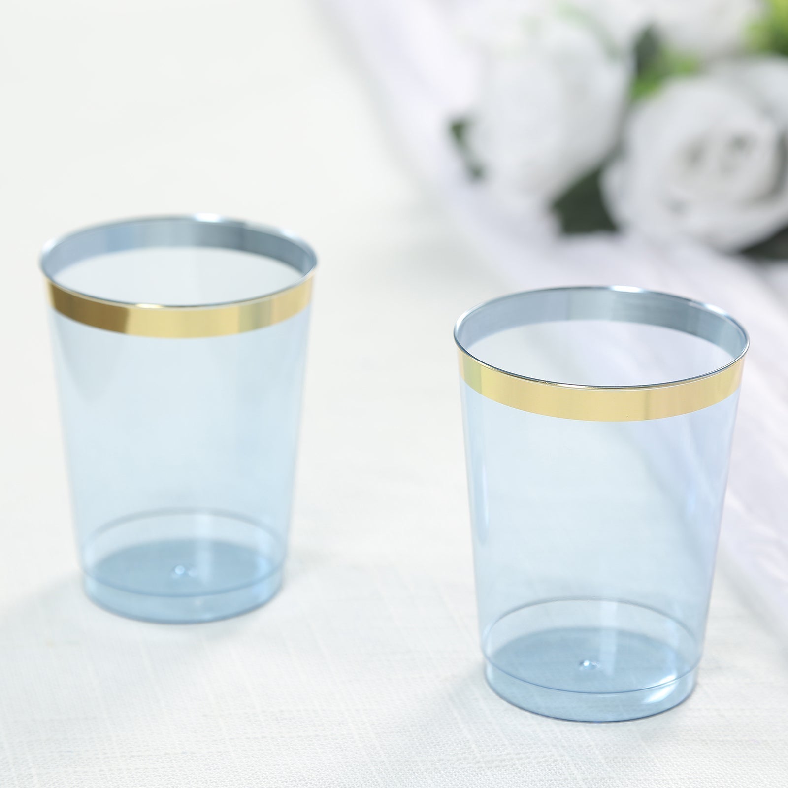 25 - Pack Plastic Tumbler Cups Transparent Dusty Blue with Gold Rim - Stylish Disposable Party Glasses 10oz - Bell Racket Store