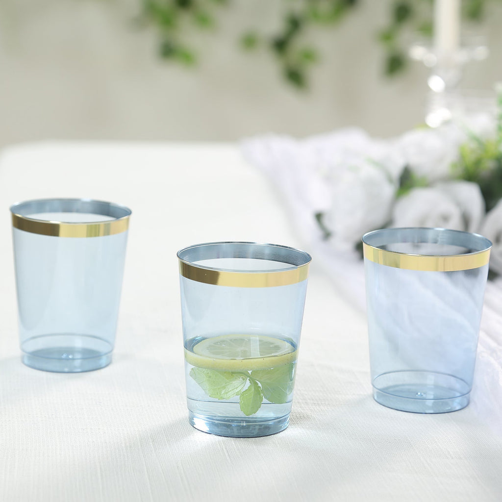 25 - Pack Plastic Tumbler Cups Transparent Dusty Blue with Gold Rim - Stylish Disposable Party Glasses 10oz - Bell Racket Store