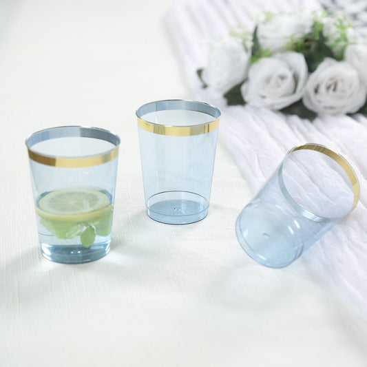 25 - Pack Plastic Tumbler Cups Transparent Dusty Blue with Gold Rim - Stylish Disposable Party Glasses 10oz - Bell Racket Store