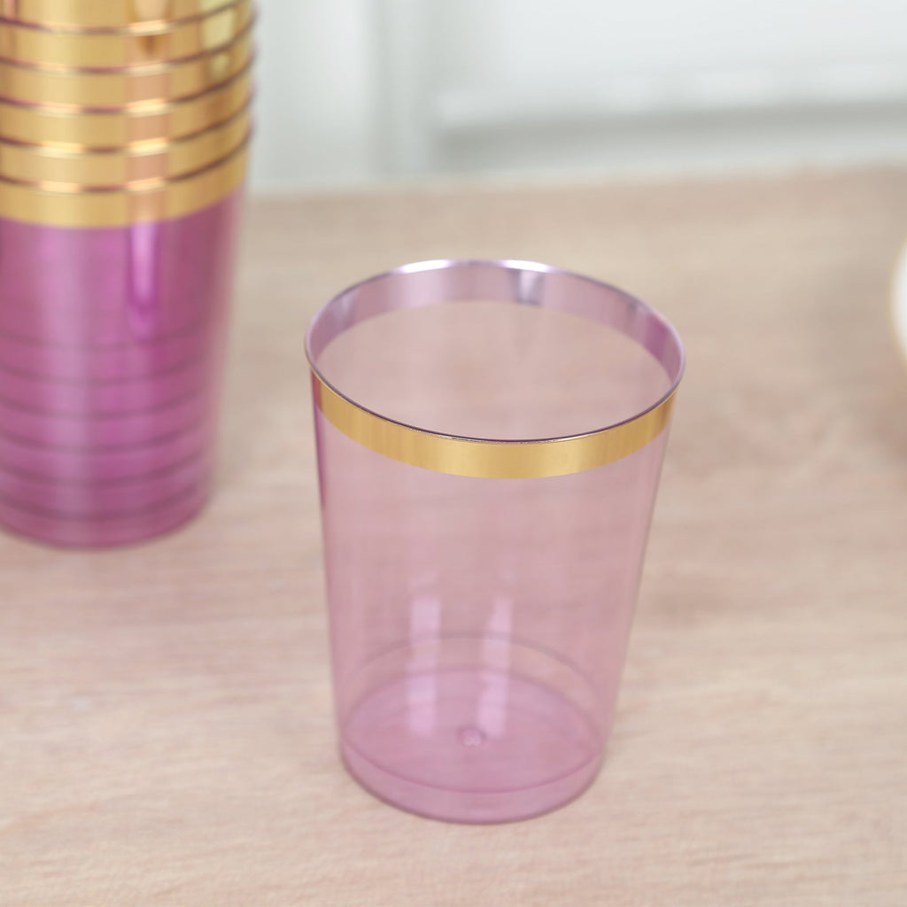 25 - Pack Plastic Tumbler Cups Transparent Purple with Gold Rim - Stylish Disposable Party Glasses 10oz - Bell Racket Store