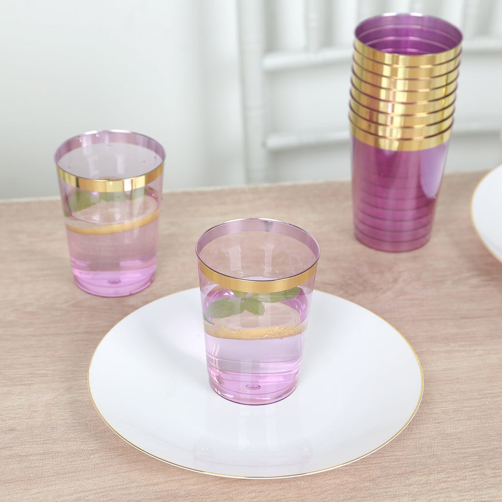 25 - Pack Plastic Tumbler Cups Transparent Purple with Gold Rim - Stylish Disposable Party Glasses 10oz - Bell Racket Store