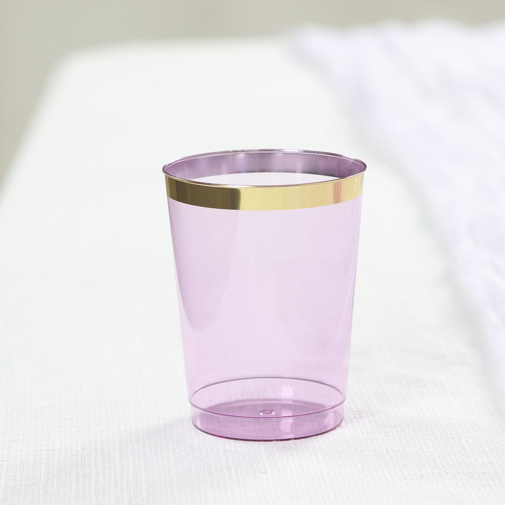 25 - Pack Plastic Tumbler Cups Transparent Purple with Gold Rim - Stylish Disposable Party Glasses 10oz - Bell Racket Store