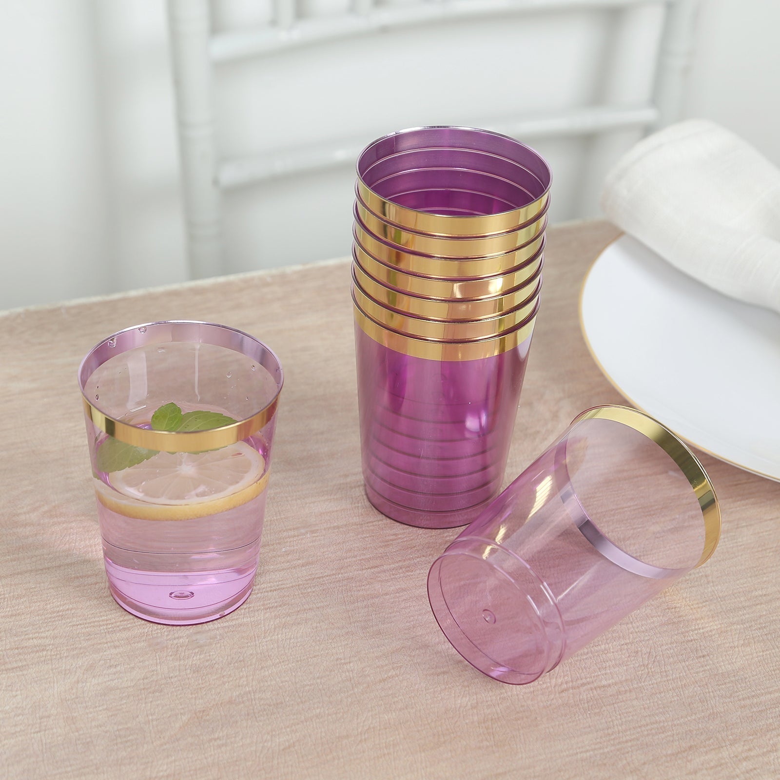 25 - Pack Plastic Tumbler Cups Transparent Purple with Gold Rim - Stylish Disposable Party Glasses 10oz - Bell Racket Store