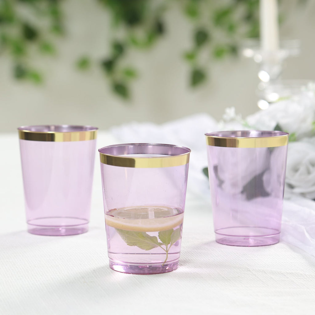 25 - Pack Plastic Tumbler Cups Transparent Purple with Gold Rim - Stylish Disposable Party Glasses 10oz - Bell Racket Store