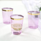 25 - Pack Plastic Tumbler Cups Transparent Purple with Gold Rim - Stylish Disposable Party Glasses 10oz - Bell Racket Store