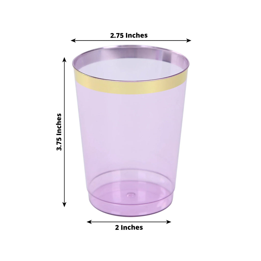 25 - Pack Plastic Tumbler Cups Transparent Purple with Gold Rim - Stylish Disposable Party Glasses 10oz - Bell Racket Store