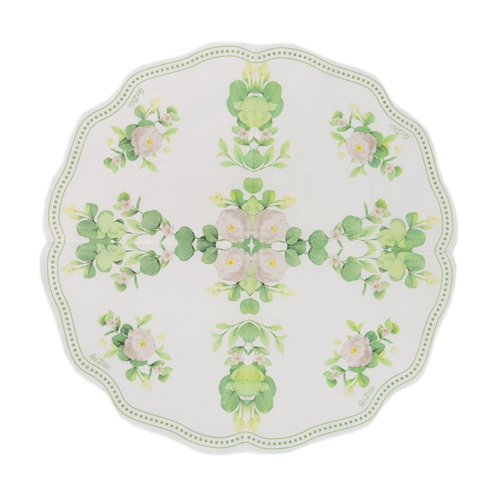 25 - Pack Round Paper Cocktail Napkins with Floral Greenery and Scalloped Edge White - Disposable 2 Ply Beverage Napkins 6.25"x6.25" - Bell Racket Store