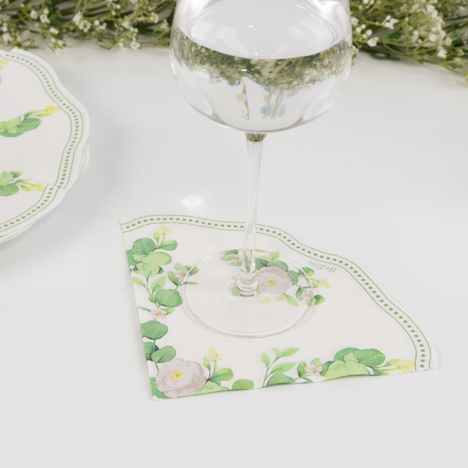 25 - Pack Round Paper Cocktail Napkins with Floral Greenery and Scalloped Edge White - Disposable 2 Ply Beverage Napkins 6.25"x6.25" - Bell Racket Store
