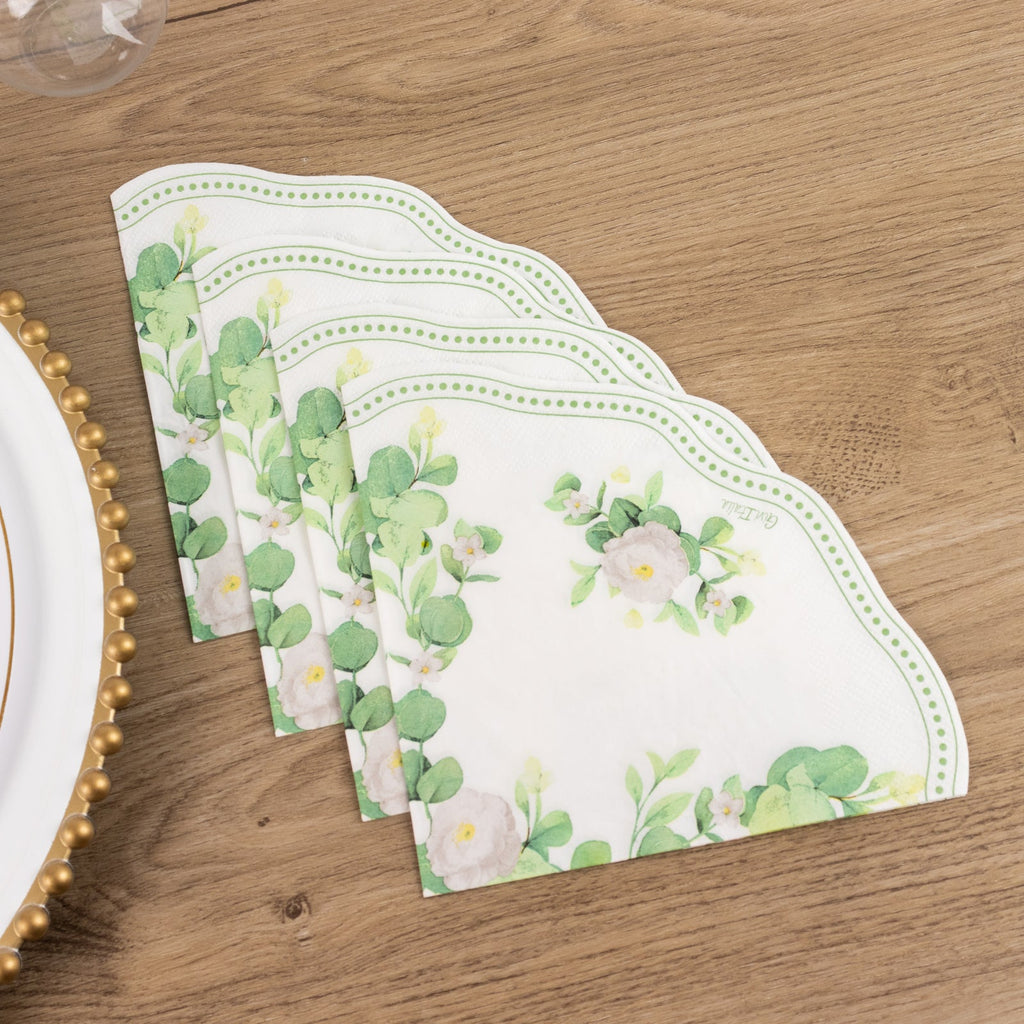 25 - Pack Round Paper Cocktail Napkins with Floral Greenery and Scalloped Edge White - Disposable 2 Ply Beverage Napkins 6.25"x6.25" - Bell Racket Store