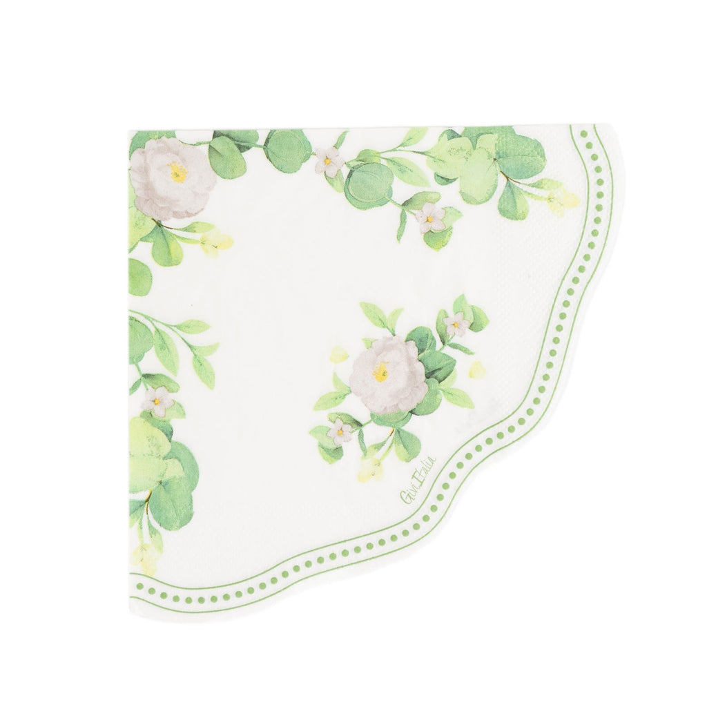 25 - Pack Round Paper Cocktail Napkins with Floral Greenery and Scalloped Edge White - Disposable 2 Ply Beverage Napkins 6.25"x6.25" - Bell Racket Store