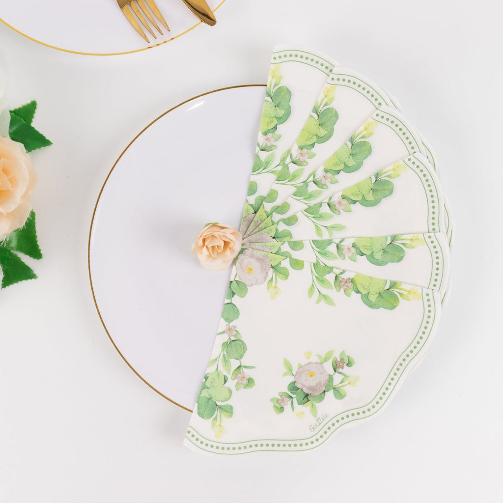 25 - Pack Round Paper Cocktail Napkins with Floral Greenery and Scalloped Edge White - Disposable 2 Ply Beverage Napkins 6.25"x6.25" - Bell Racket Store