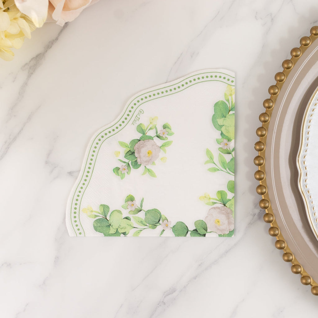 25 - Pack Round Paper Cocktail Napkins with Floral Greenery and Scalloped Edge White - Disposable 2 Ply Beverage Napkins 6.25"x6.25" - Bell Racket Store