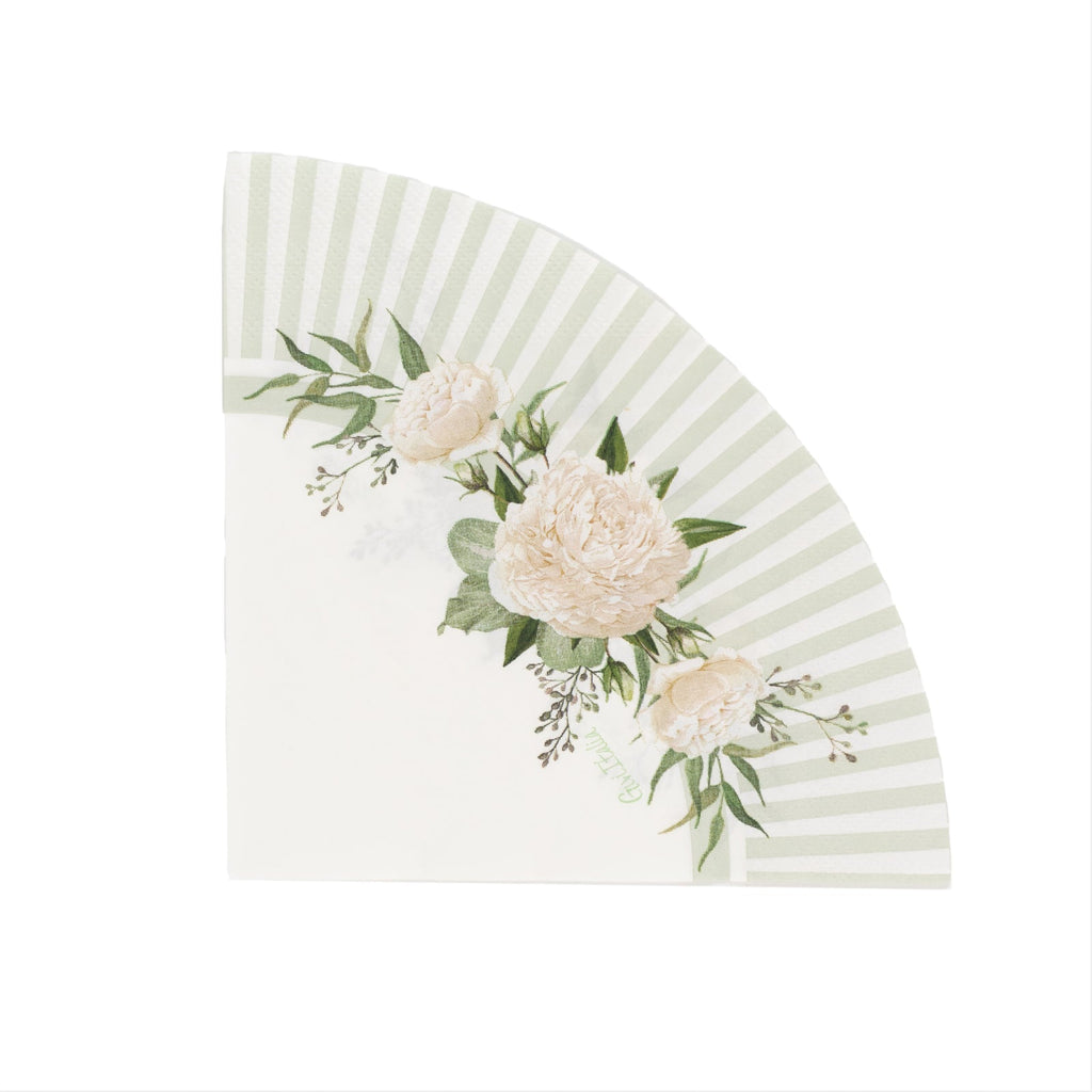 25 - Pack Round Paper Cocktail Napkins with Floral Lined Pattern White/Sage Green - Disposable 2 Ply Beverage Napkins 6"x6" - Bell Racket Store