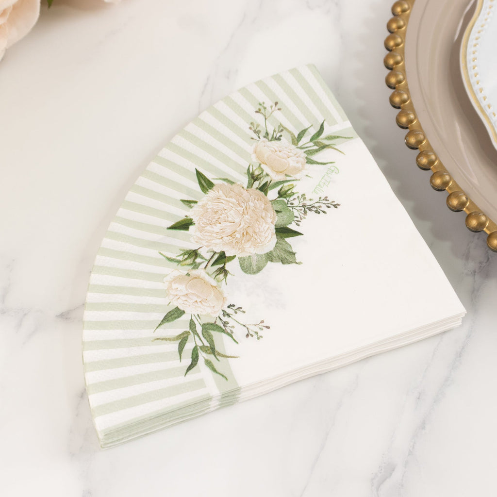25 - Pack Round Paper Cocktail Napkins with Floral Lined Pattern White/Sage Green - Disposable 2 Ply Beverage Napkins 6"x6" - Bell Racket Store