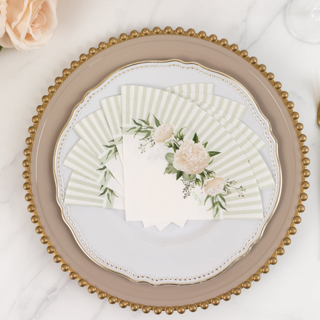 25 - Pack Round Paper Cocktail Napkins with Floral Lined Pattern White/Sage Green - Disposable 2 Ply Beverage Napkins 6"x6" - Bell Racket Store