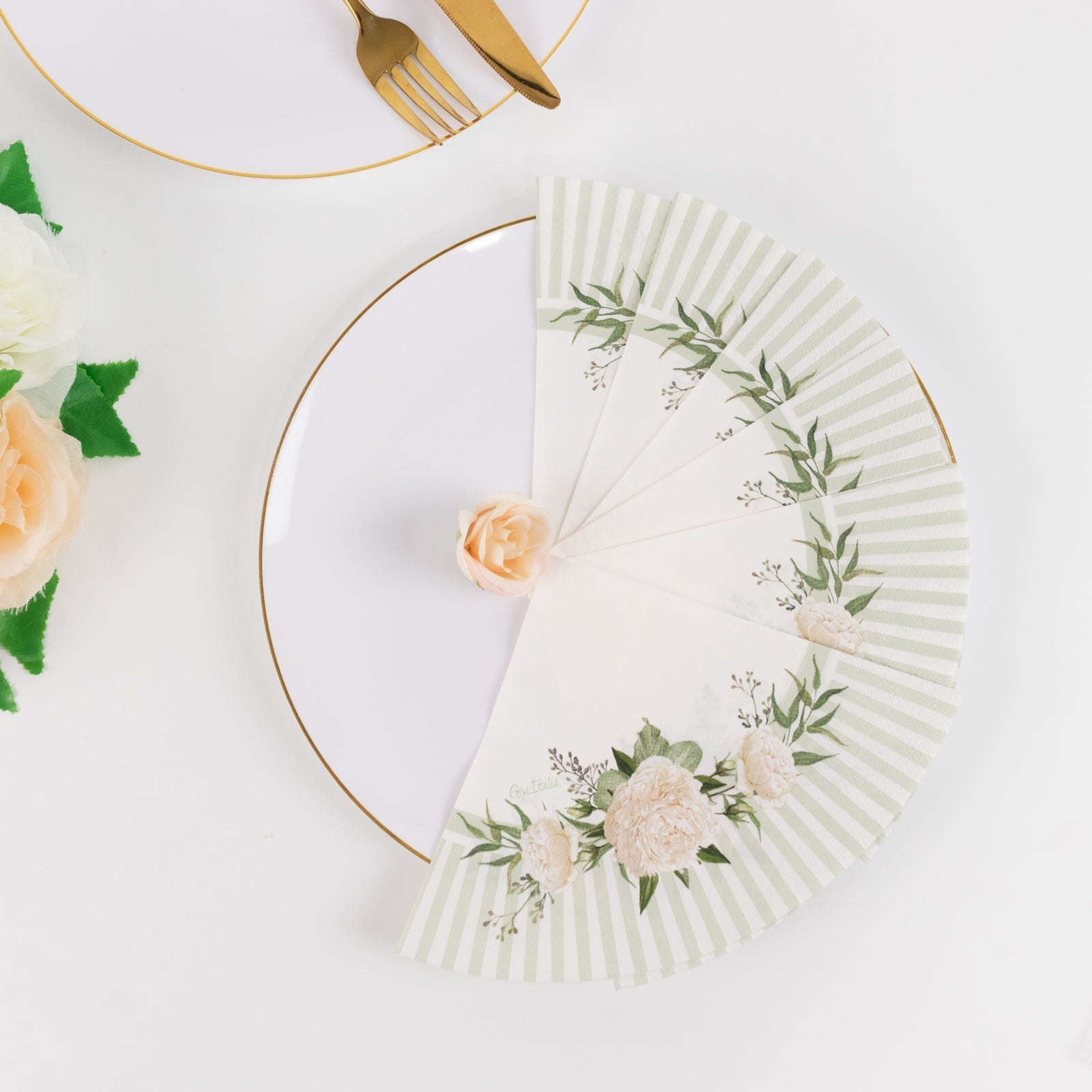 25 - Pack Round Paper Cocktail Napkins with Floral Lined Pattern White/Sage Green - Disposable 2 Ply Beverage Napkins 6"x6" - Bell Racket Store