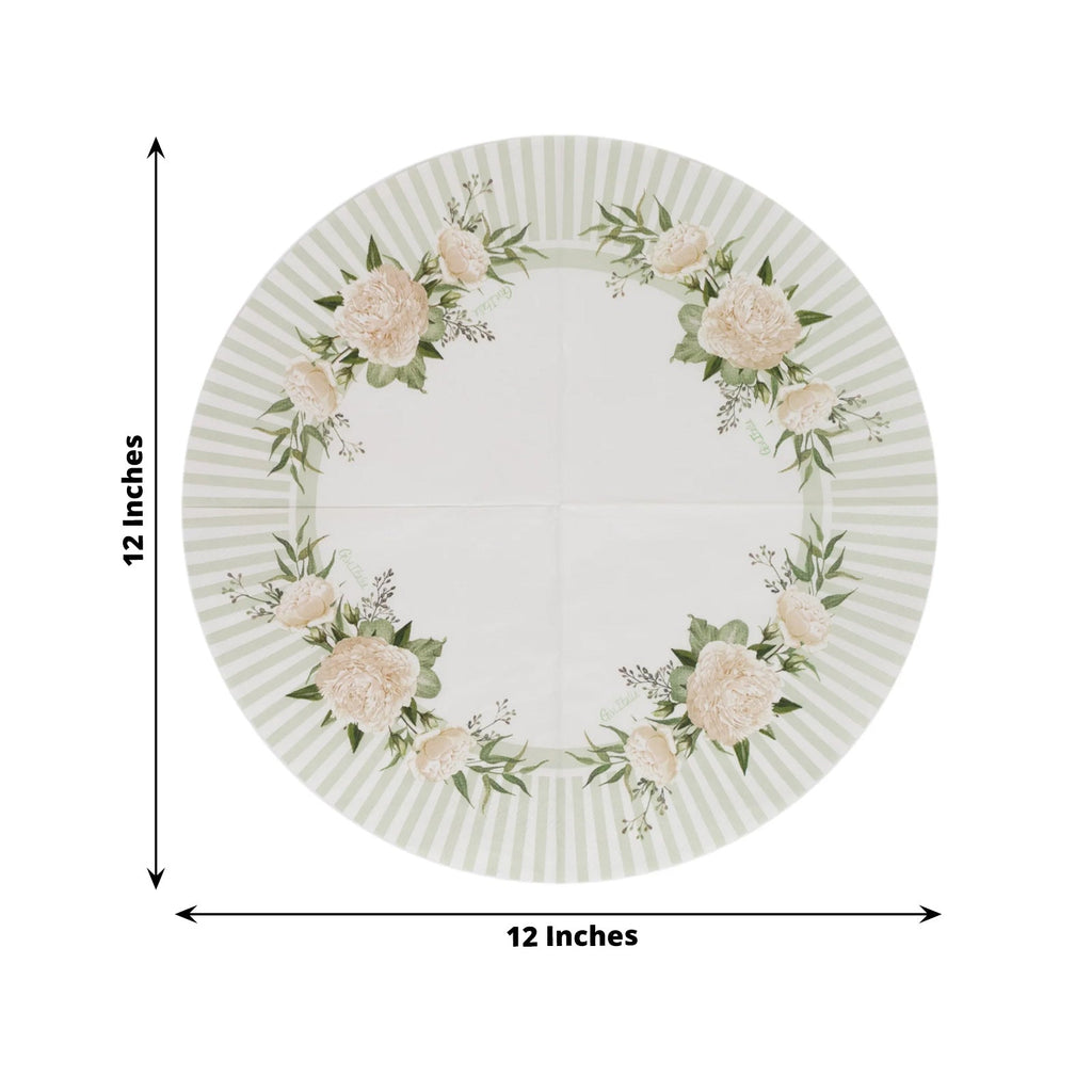 25 - Pack Round Paper Cocktail Napkins with Floral Lined Pattern White/Sage Green - Disposable 2 Ply Beverage Napkins 6"x6" - Bell Racket Store