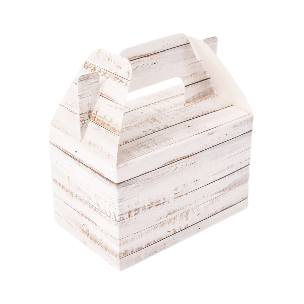 25 Pack Rustic White Candy Gift Tote Gable Boxes With Wood Plank Pattern, Party Favor Treat Boxes - 4"x2.5"x4.5" - Bell Racket Store