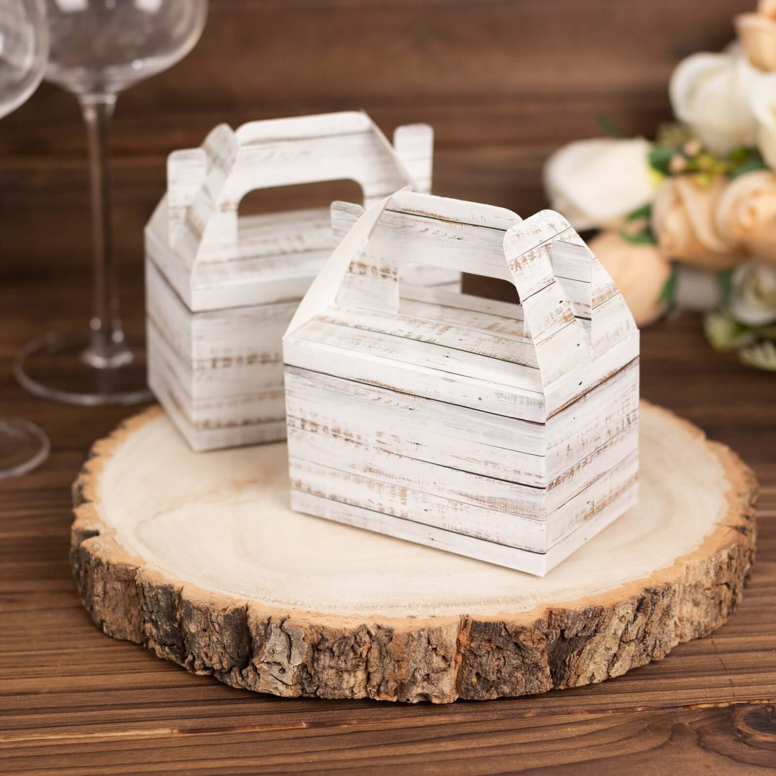 25 Pack Rustic White Candy Gift Tote Gable Boxes With Wood Plank Pattern, Party Favor Treat Boxes - 4"x2.5"x4.5" - Bell Racket Store