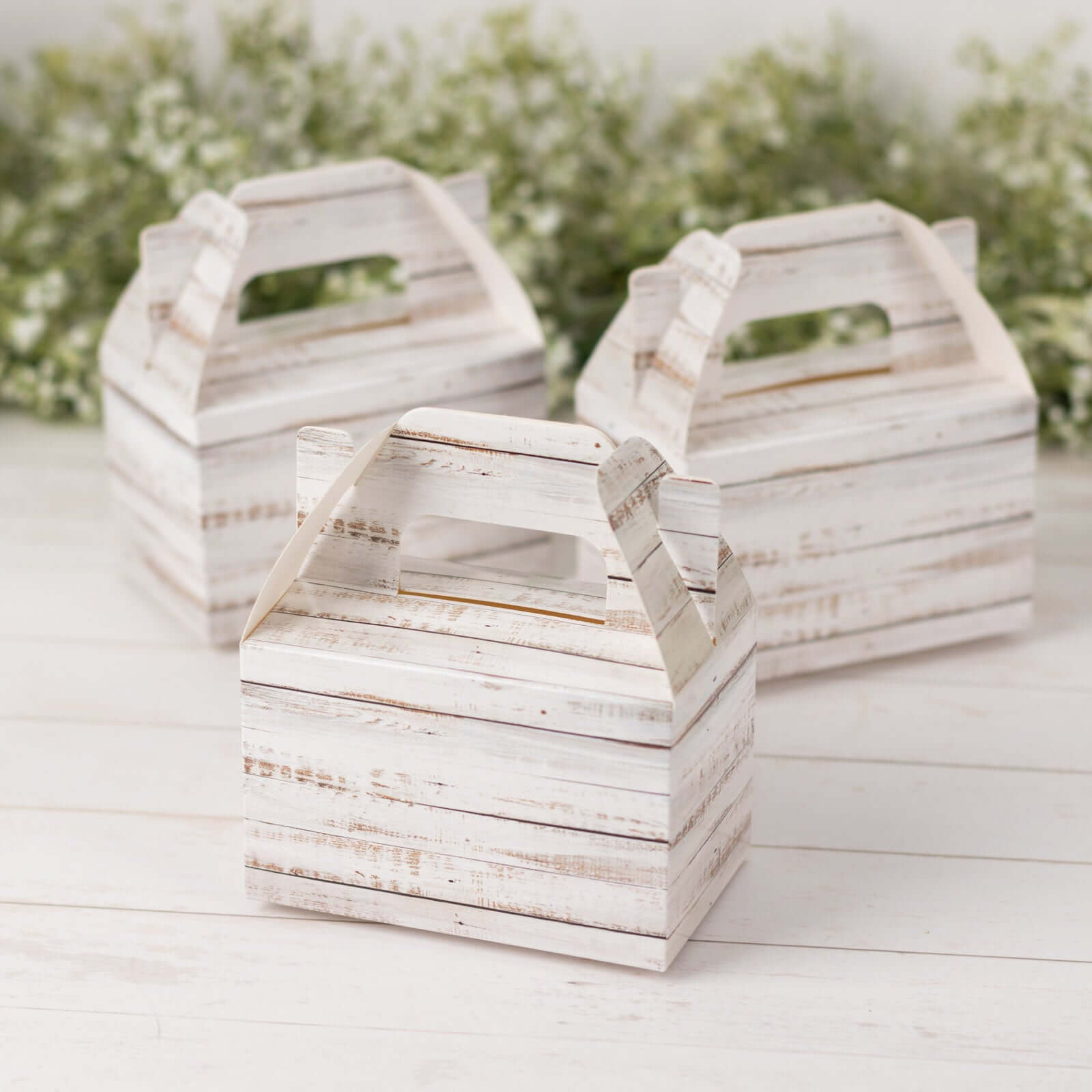 25 Pack Rustic White Candy Gift Tote Gable Boxes With Wood Plank Pattern, Party Favor Treat Boxes - 4"x2.5"x4.5" - Bell Racket Store