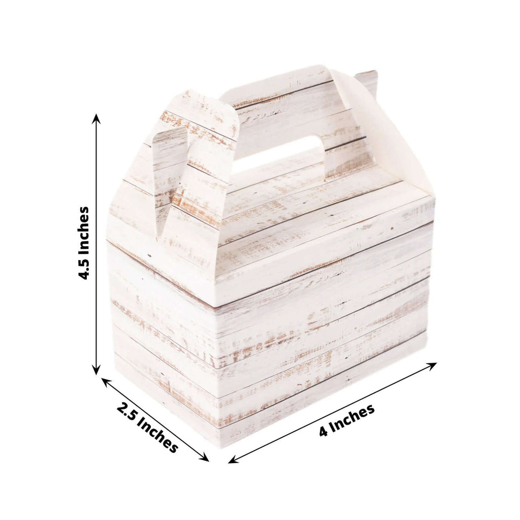 25 Pack Rustic White Candy Gift Tote Gable Boxes With Wood Plank Pattern, Party Favor Treat Boxes - 4"x2.5"x4.5" - Bell Racket Store