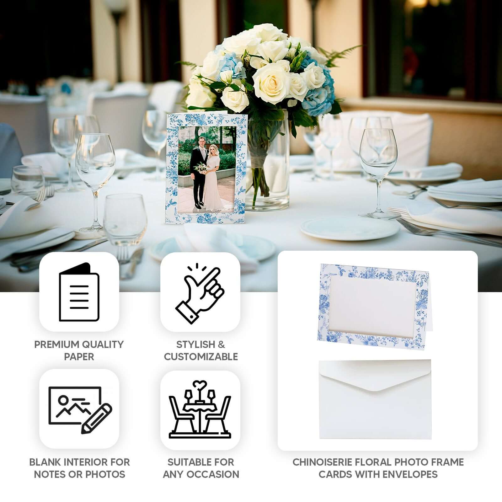 25 - Pack Thank You Cards White Blue French Toile Design with Envelopes - Picture Insert Invitation Cards for Parties & Milestones 3.5"x5.5" - Bell Racket Store