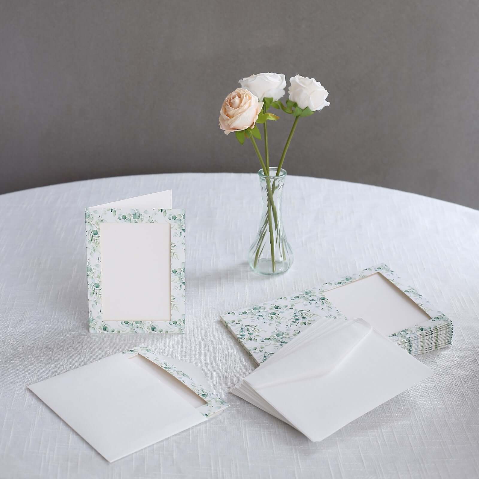 25 - Pack Thank You Cards White Green Eucalyptus Leaves Design with Envelopes - Picture Insert Invitation Cards for Parties & Milestones 3.5"x5.5" - Bell Racket Store