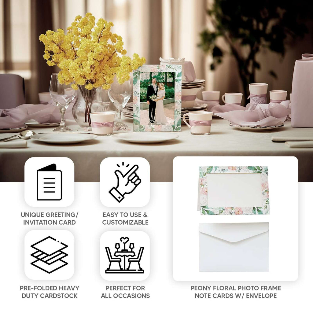 25 - Pack Thank You Cards White Pink Peony Floral Design with Envelopes - Picture Insert Invitation Cards for Parties & Milestones 3.5"x5.5" - Bell Racket Store