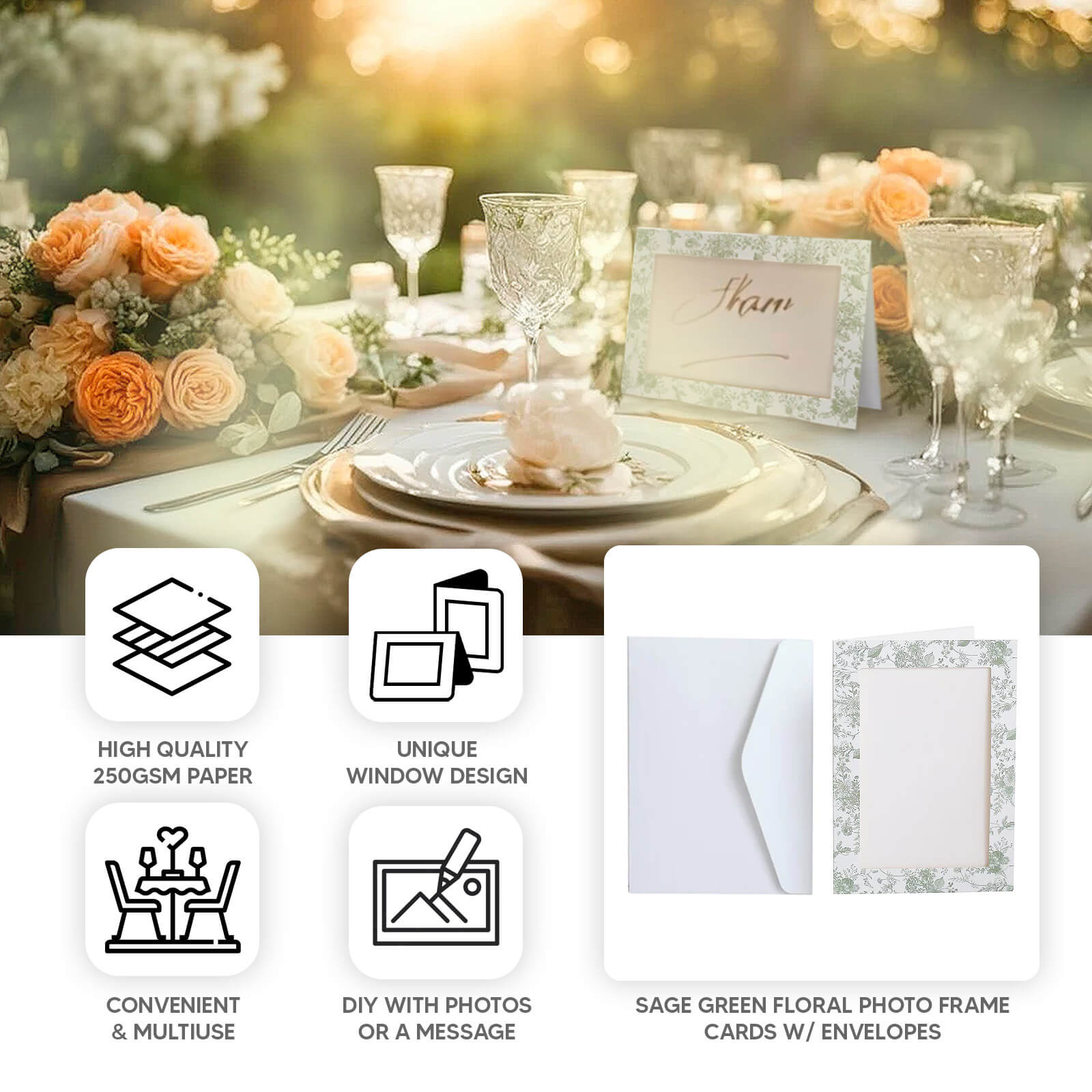 25 - Pack Thank You Cards White Sage Green French Toile Design with Envelopes - Picture Insert Invitation Cards for Parties & Milestones 3.5"x5.5" - Bell Racket Store