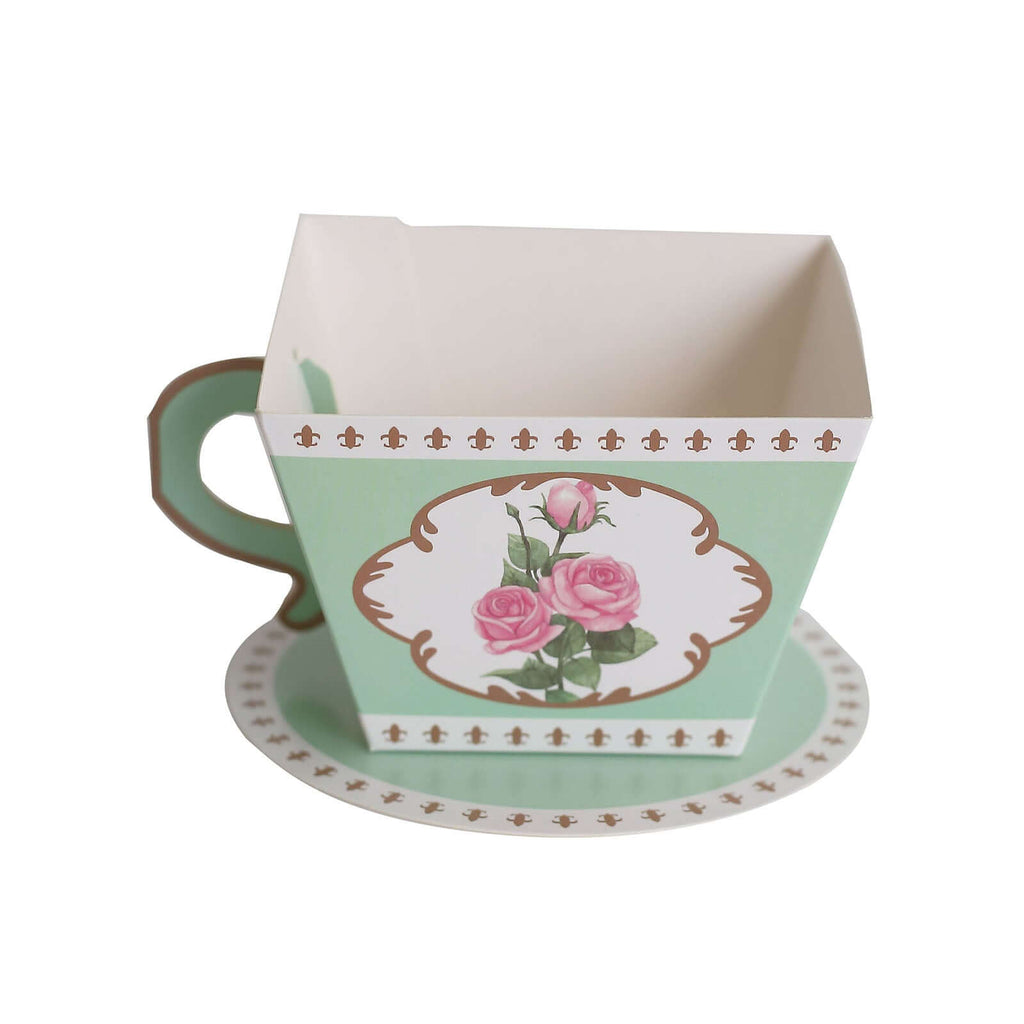 25 Pack Turquoise Mini Teacup and Saucer Party Favor Boxes with Rose Floral Print, Tea Time Candy Boxes - 4"x3" - Bell Racket Store