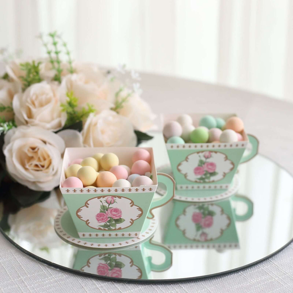 25 Pack Turquoise Mini Teacup and Saucer Party Favor Boxes with Rose Floral Print, Tea Time Candy Boxes - 4"x3" - Bell Racket Store