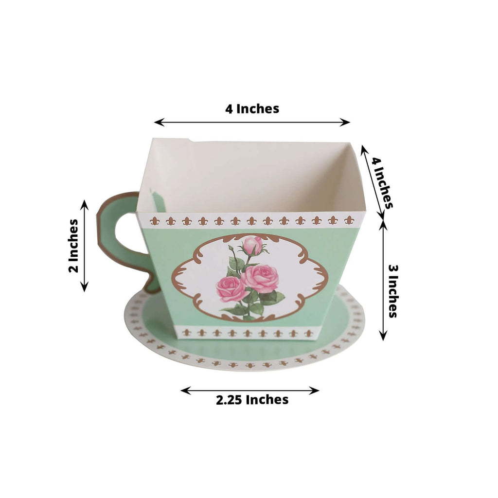 25 Pack Turquoise Mini Teacup and Saucer Party Favor Boxes with Rose Floral Print, Tea Time Candy Boxes - 4"x3" - Bell Racket Store