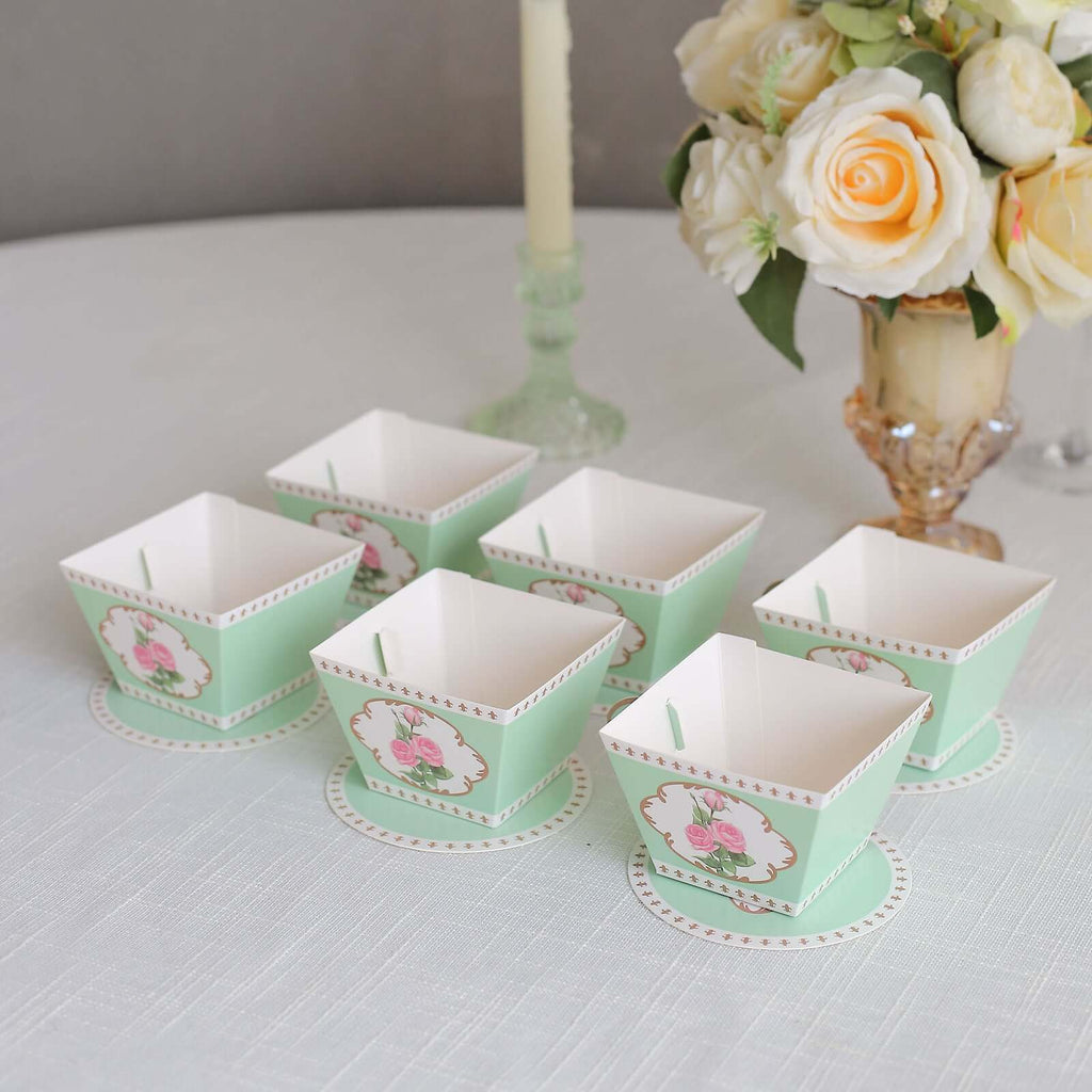 25 Pack Turquoise Mini Teacup and Saucer Party Favor Boxes with Rose Floral Print, Tea Time Candy Boxes - 4"x3" - Bell Racket Store