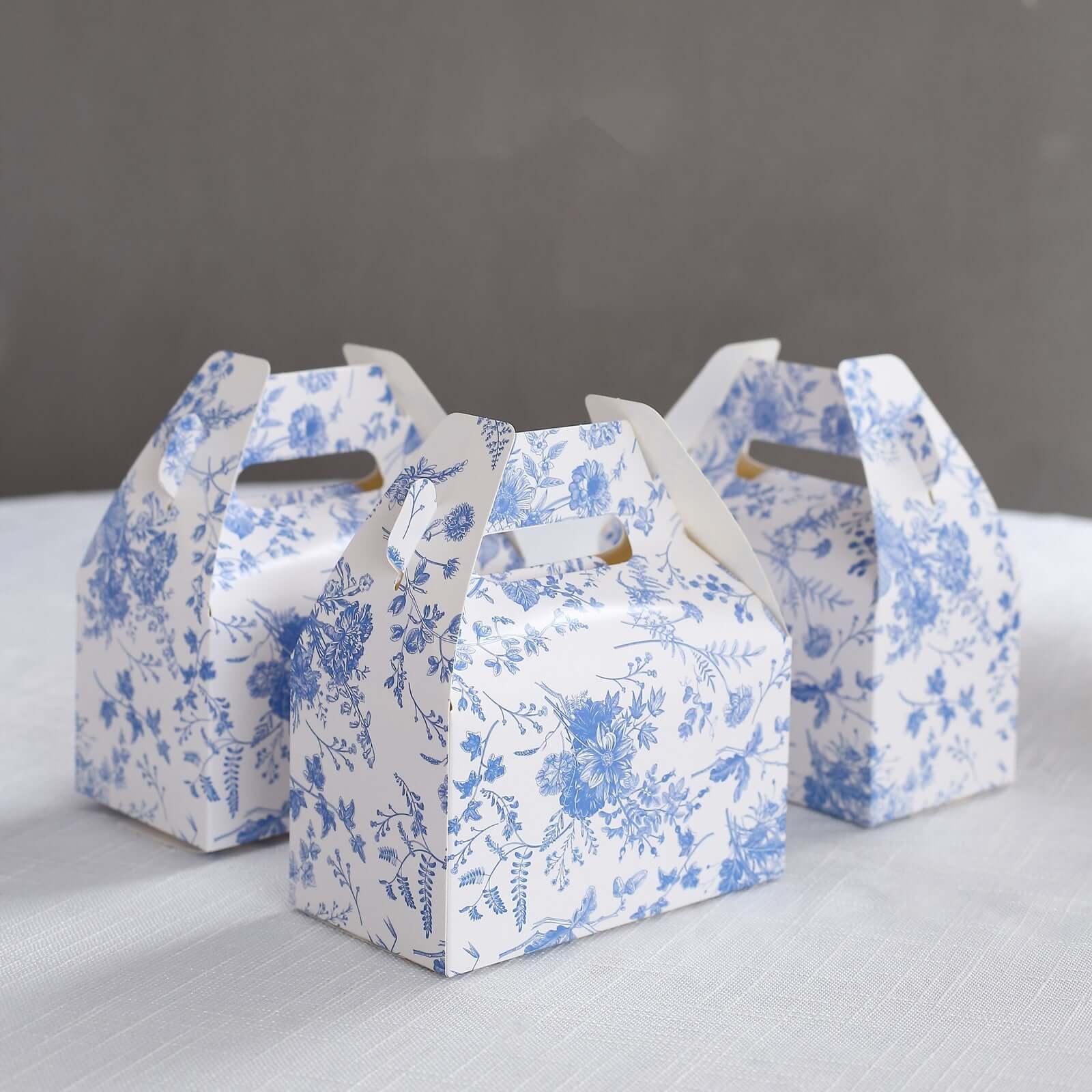 25 Pack White Blue Candy Gift Tote Gable Boxes in French Toile Pattern, Party Favor Treat Boxes - 6"x3.5"x7" - Bell Racket Store