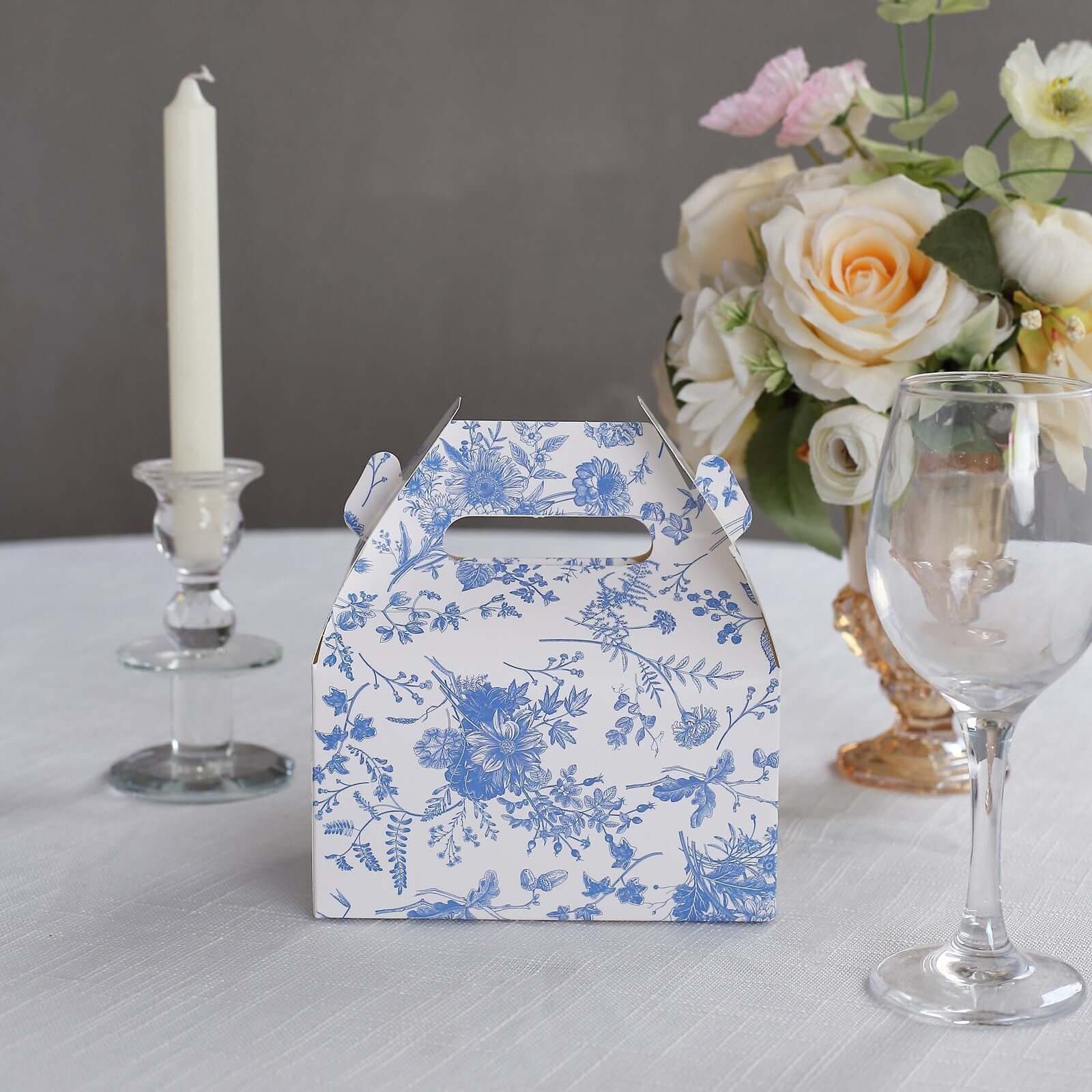 25 Pack White Blue Candy Gift Tote Gable Boxes in French Toile Pattern, Party Favor Treat Boxes - 6"x3.5"x7" - Bell Racket Store