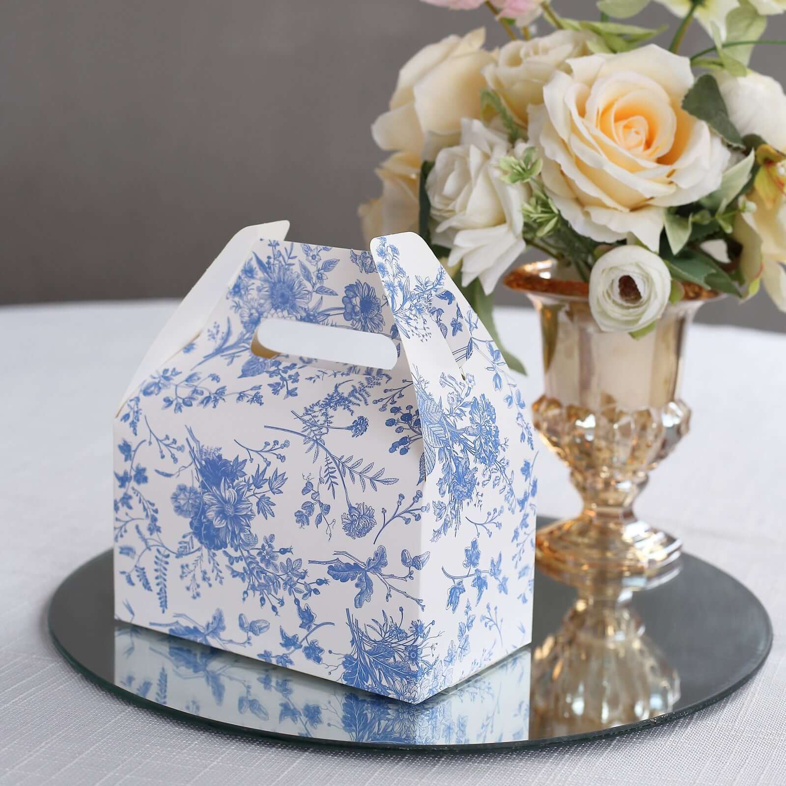 25 Pack White Blue Candy Gift Tote Gable Boxes in French Toile Pattern, Party Favor Treat Boxes - 6"x3.5"x7" - Bell Racket Store