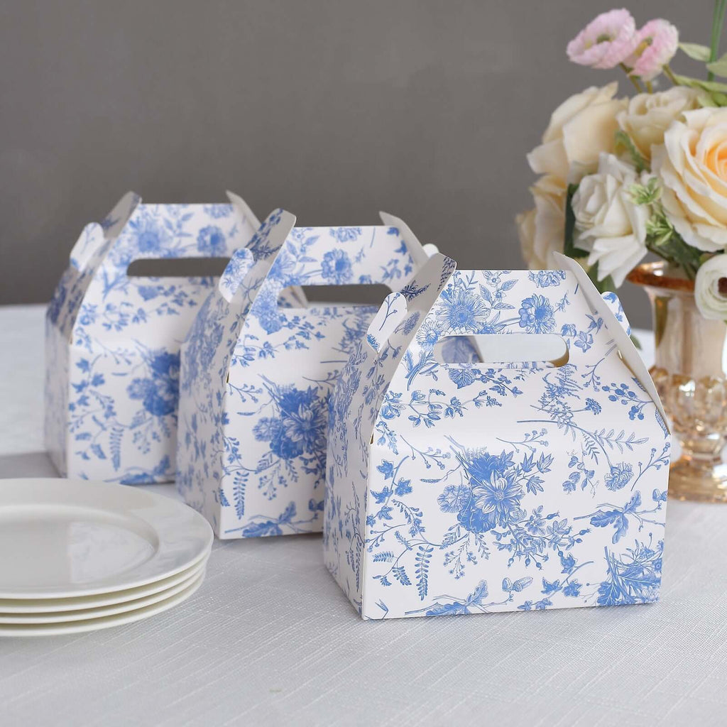 25 Pack White Blue Candy Gift Tote Gable Boxes in French Toile Pattern, Party Favor Treat Boxes - 6"x3.5"x7" - Bell Racket Store