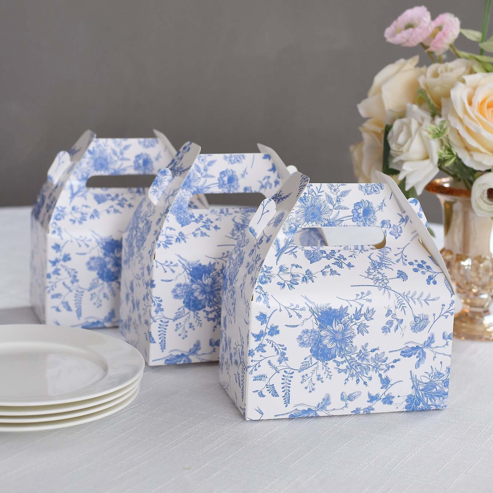 25 Pack White Blue Candy Gift Tote Gable Boxes in French Toile Pattern, Party Favor Treat Boxes - 6"x3.5"x7" - Bell Racket Store