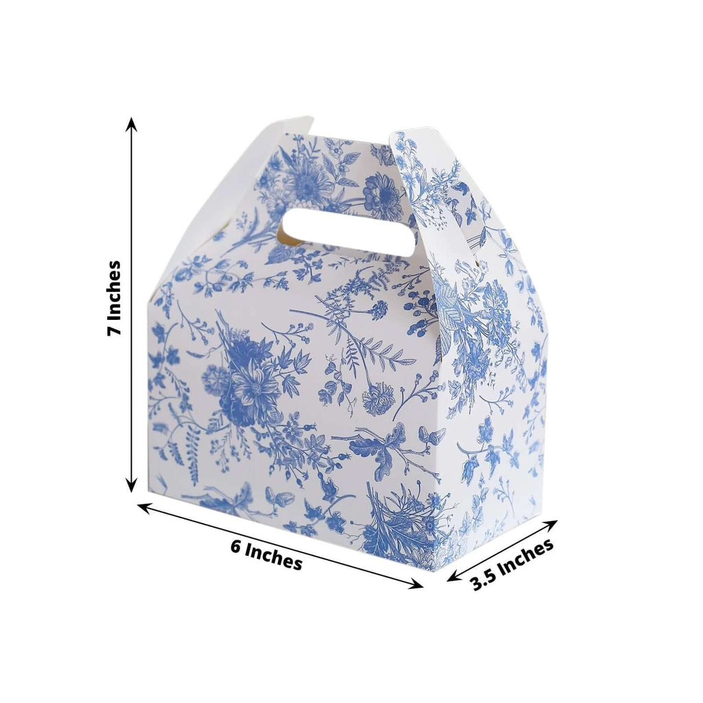 25 Pack White Blue Candy Gift Tote Gable Boxes in French Toile Pattern, Party Favor Treat Boxes - 6"x3.5"x7" - Bell Racket Store