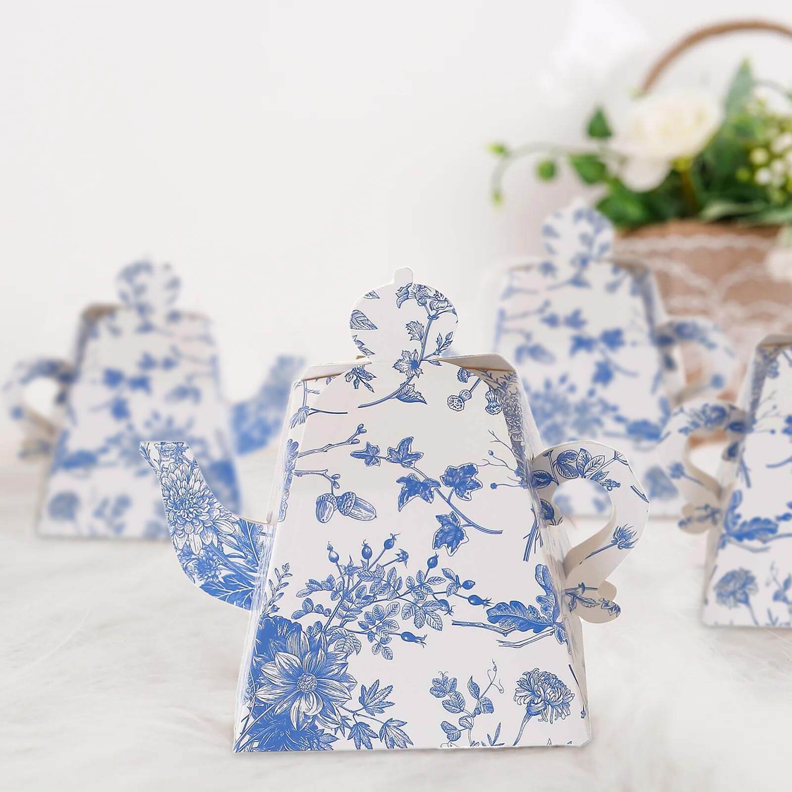 25 Pack White Blue Mini Teapot Party Favor Boxes in French Toile Pattern, Tea Time Gift Boxes - 5"x4" - Bell Racket Store